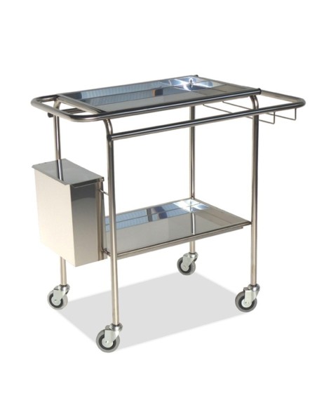 Carro curas acero inox. 2 bandejas, cubo restos y soporte botes.