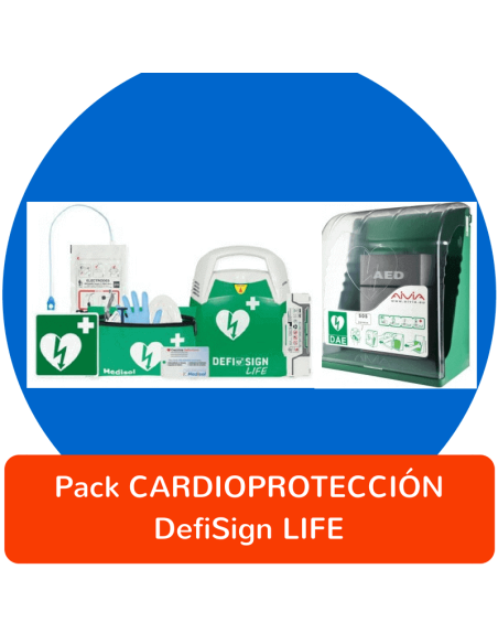 Pack CARDIOPROTECCIÓN DefiSign LIFE con accesorios y vitrina